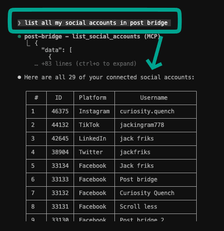 Listing social accounts through Claude using MCP