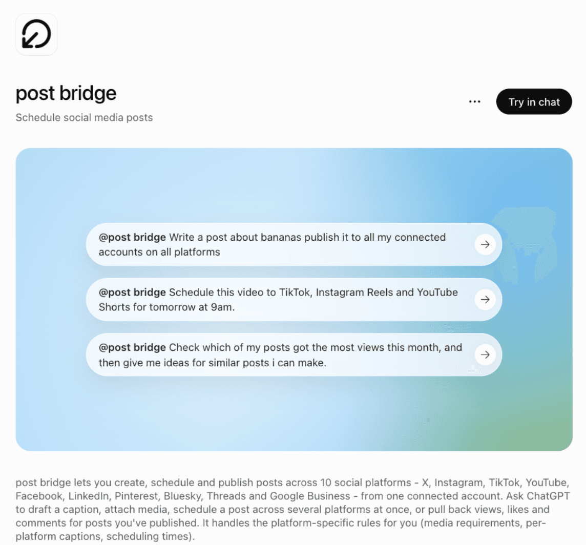 The post bridge plugin listing inside ChatGPT, connected and ready