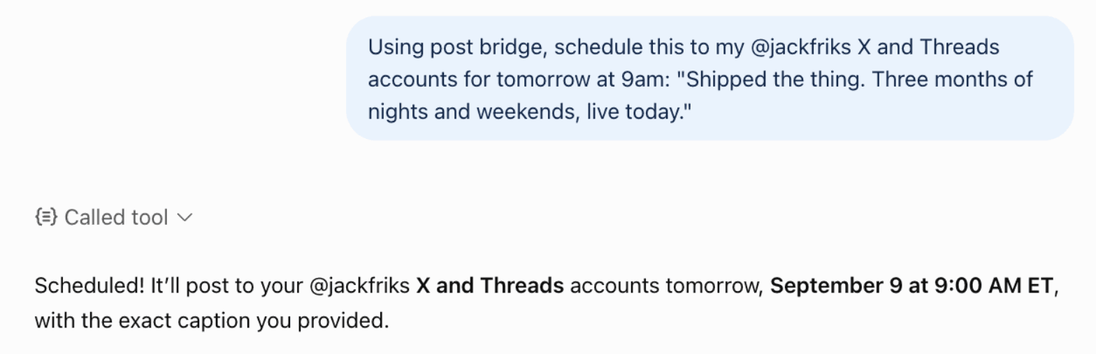 ChatGPT scheduling a text post to X and Threads through post bridge